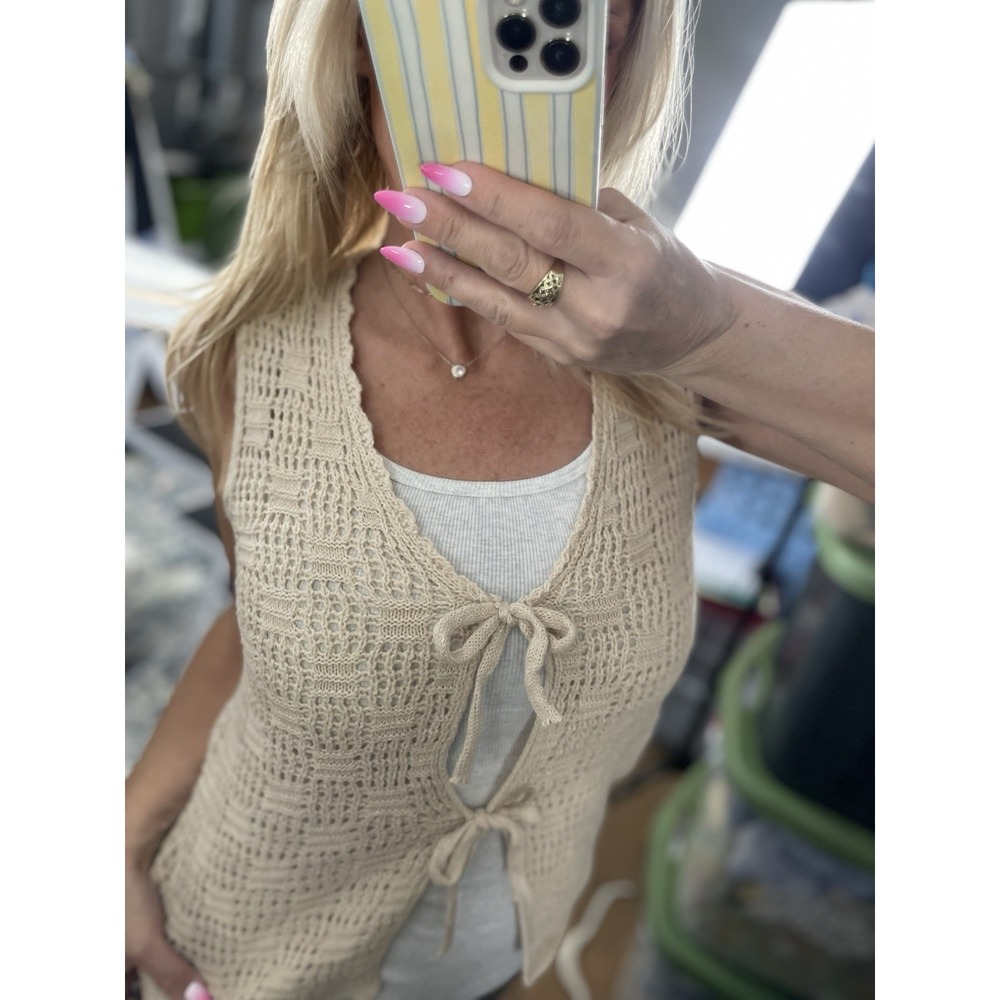 Sleeveless Women's M Tie Front Knit Sweater‎ Tank Top Vest Bohemian Festival Top